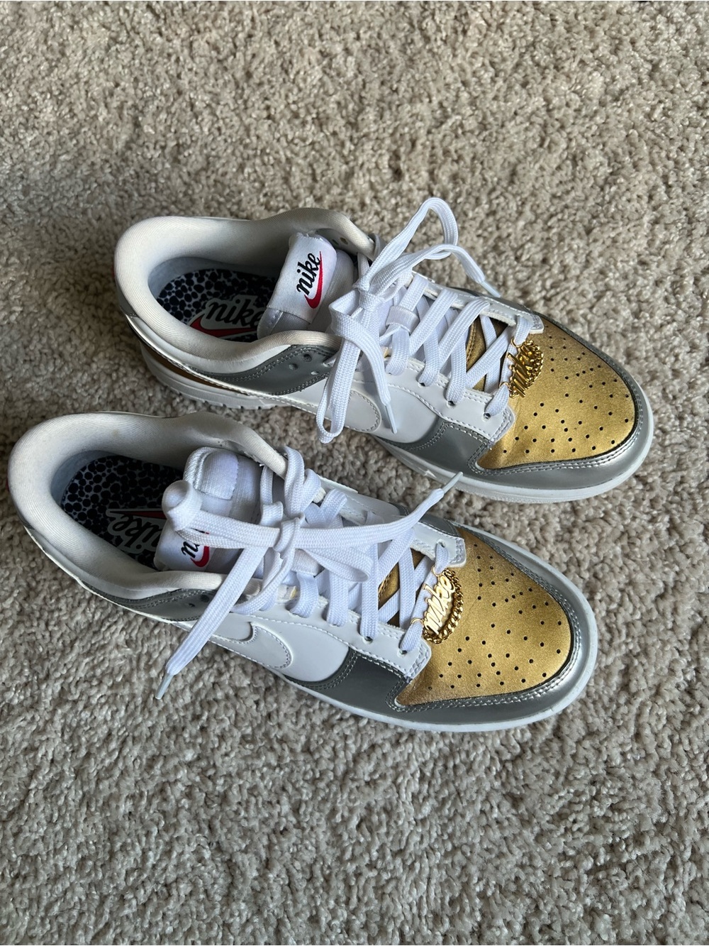 Nike Dunk Low Gold White Silver Leather Sneakers Womens Shoe Size 8.5 - Picture 7 of 11